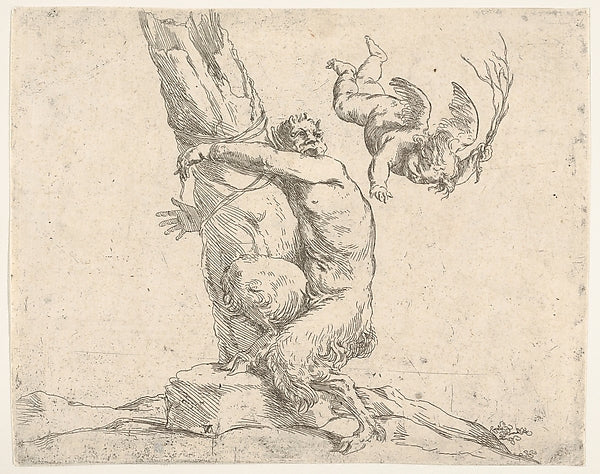 A winged putto flogging a satyr tied to a tree c1625–50-Jusepe,  Poster Print