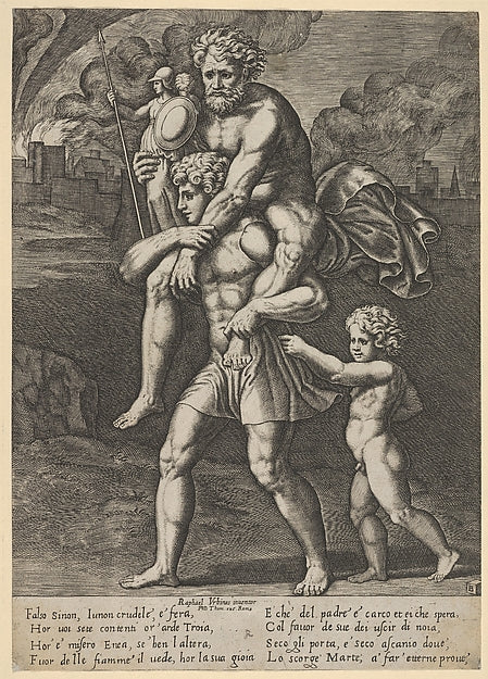 Aeneas carrying Anchises on his shoulders while Troy burns in ,  Poster Print Wall Art