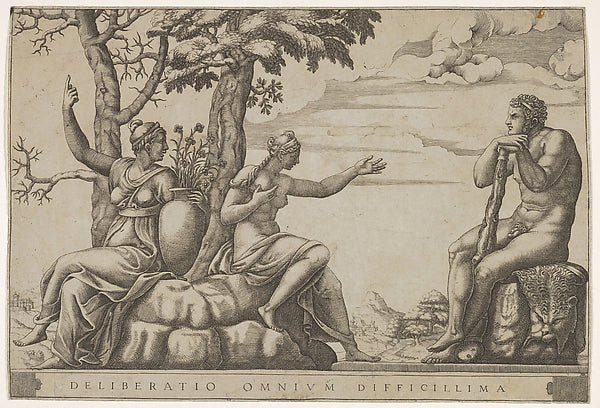 Hercules at the cross-roads  he is seated at the right  to the,  Poster Print
