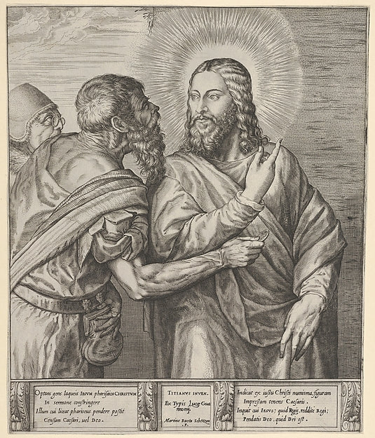The Tribute Money: two Pharisees  one holding out a coin in hi,  Poster Print