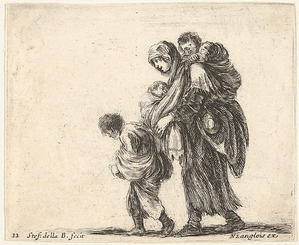 Stefano della Bella :Plate 22: a beggar woman with three chi-16x12"(A3) Poster