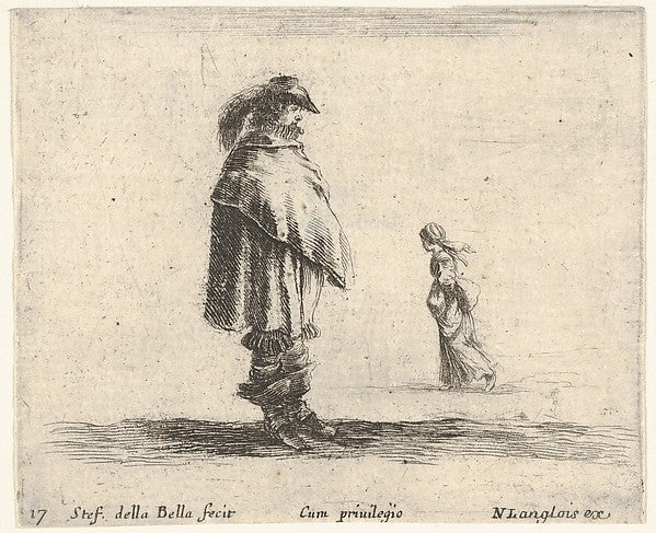 Stefano della Bella :Plate 17: a man wearing a plumed hat in-16x12"(A3) Poster
