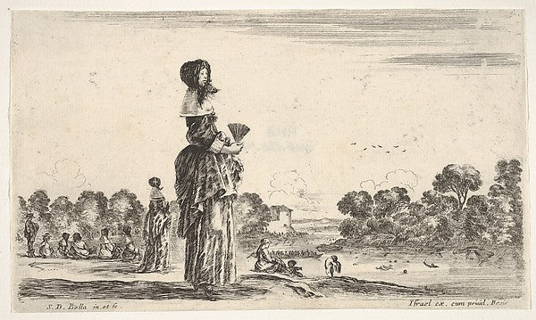 Stefano della Bella :A lady standing in center holding a fan-16x12"(A3) Poster