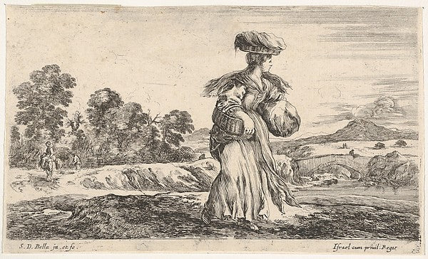 Stefano della Bella :A peasant woman standing in center faci-16x12"(A3) Poster