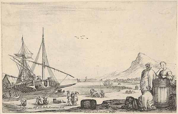 Stefano della Bella :A ship disembarking to left two galley -16x12"(A3) Poster