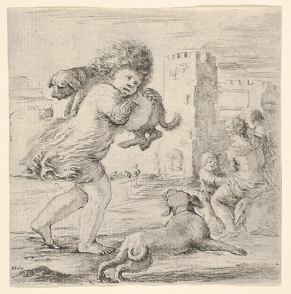 Stefano della Bella :Child carrying a dog over his shoulder -16x12"(A3) Poster