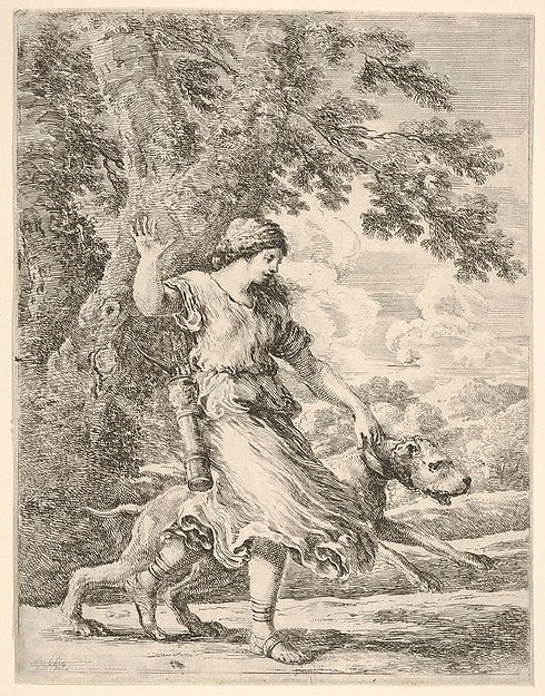 Stefano della Bella :A nymph holding a large dog by the coll-16x12"(A3) Poster