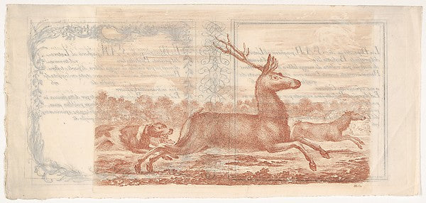 Stefano della Bella :Stag and doe running towards the right -16x12"(A3) Poster