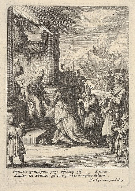 Adoration of the Magi  with Mary bracing Jesus with her right ,  Poster Print Wall Art