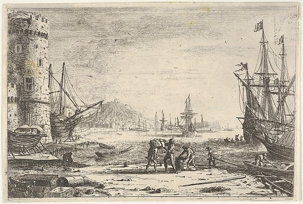 Harbor with large tower at left  and figures in the foreground,  Poster Print Wall Art