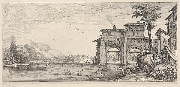 View of bathers and a large building at the right  from the se,  Poster Print Wall Art