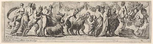 Procession of satyrs and draped figures leading two goats and ,  Poster Print Wall Art