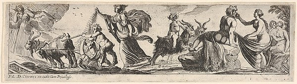 Ceres sows seeds and walks behind a goat-drawn plough  at righ,  Poster Print Wall Art