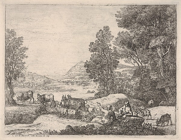 Shepherd and shepherdess conversing in a landscape  with a bri,  Poster Print Wall Art