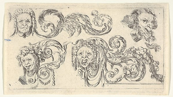 Plate 8: four grotesque heads with scrollwork  from 'Friezes  ,  Poster Print