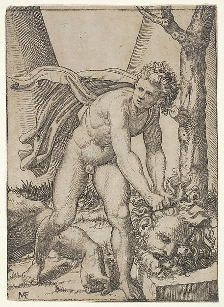 David with the head of Goliath c1515–16-Marcantonio Raimondi  ,  Poster Print Wall Art