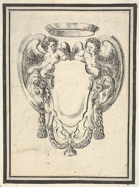 Plate 12: a cartouche flanked by two winged infant satyrs ridi,  Poster Print