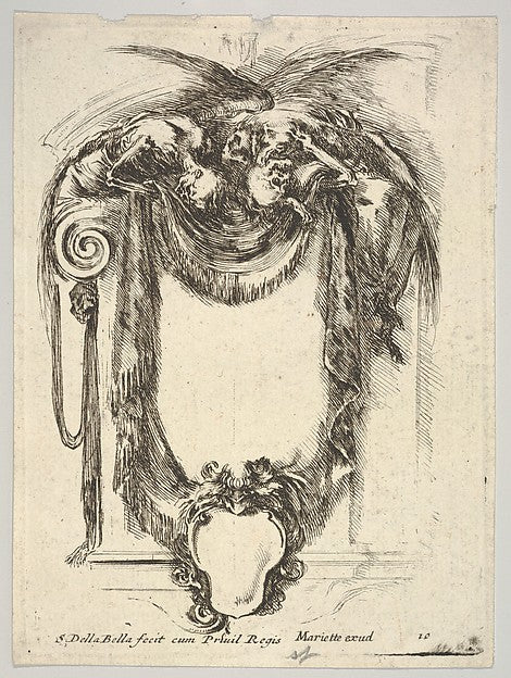 Plate 10: a cartouche formed by drapery and topped with two sk,  Poster Print