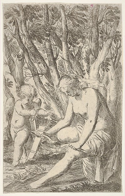 Venus breaking Cupid's bow over her knee with Cupid stretching,  Poster Print