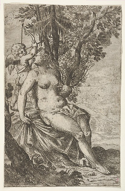 Cupid prepares to shoot an arrow as Venus  seated on a drapery,  Poster Print