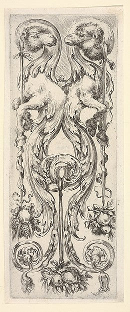 Two camels  their bodies turning into decorative leaves and sc,  Poster Print