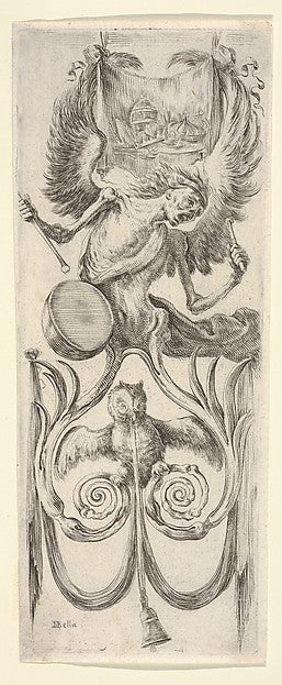 Death beating a drum above  an owl and a bell attached to a ri,  Poster Print