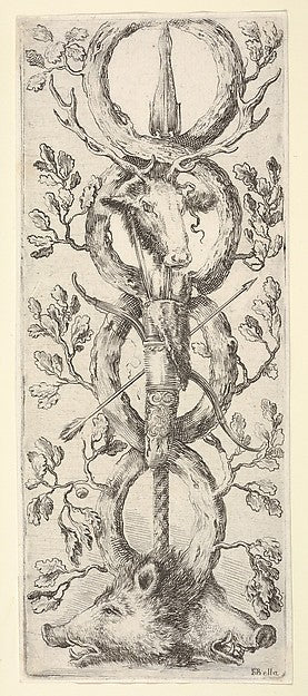 Two wild boar heads below  a deer head above  a bow and arrow ,  Poster Print