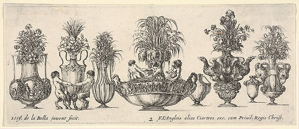 Eight vases  the largest one in the middle with three sculptur,  Poster Print
