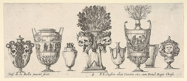 Eight vases  a clepsydra in center decorated with two skulls w,  Poster Print