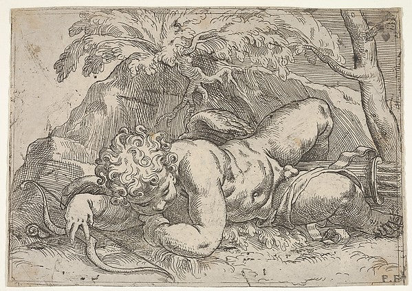 Sleeping Cupid whose outstretched right arm rests on his bow a,  Poster Print