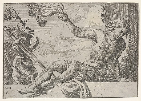 Mars  seated on a wall and bearing a flame with his outstretch,  Poster Print