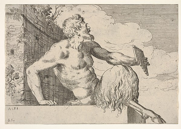 Seated Pan  who holds a pipe in his left hand and rests his ri,  Poster Print