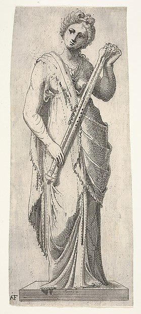 Muse on a pedestal standing in frontal view and holding a doub,  Poster Print