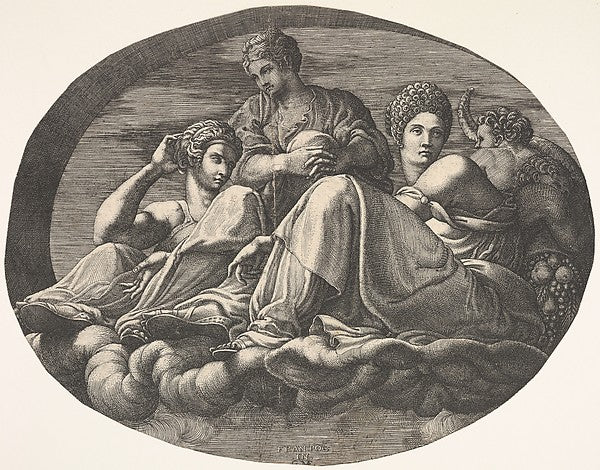 Juno and two goddesses reclining on clouds with two child figu,  Poster Print