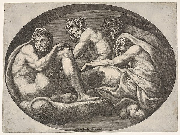 Hercules  Bacchus  Pan  and another god seated on a cloud unde,  Poster Print