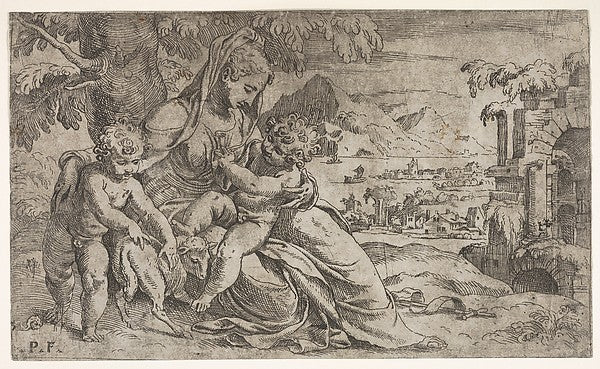 Seated Virgin and Child with St. John the Baptist on a hillsid,  Poster Print