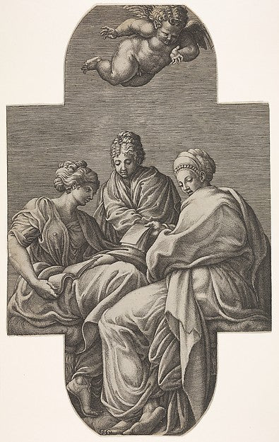 Three Muses seated underneath a flying putto who gestures down,  Poster Print