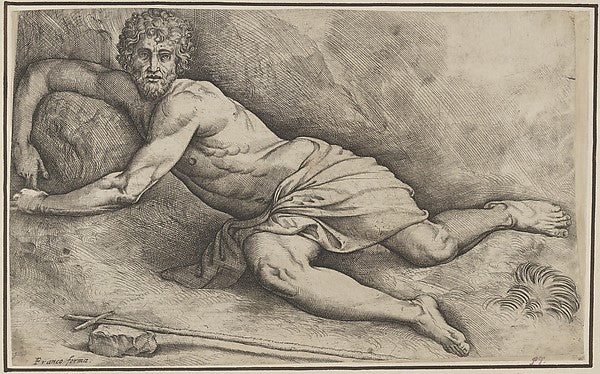 John the Baptist  lying on the ground naked except for a cloth,  Poster Print Wall Art