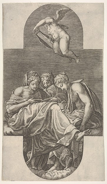 Three Muses seated below a flying putto who grasps a lyre with,  Poster Print