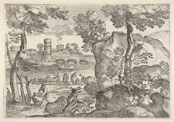 Landscape with bridge traversing a river occupied with three s,  Poster Print