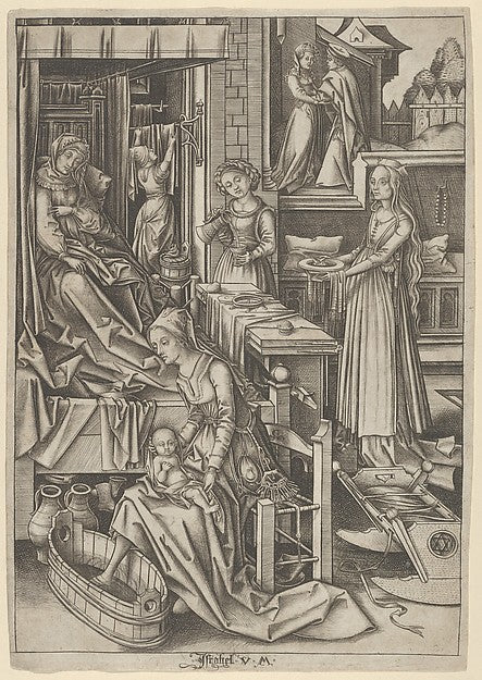 Israhel van Meckenem - The Birth of Mary from The Life of the , Poster Print Wall Art