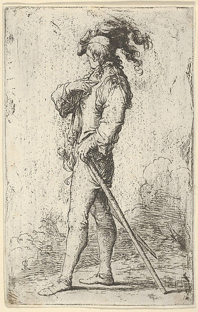 A warrior facing left wearing a plumed hat and holding a cane,  Poster Print Wall Art