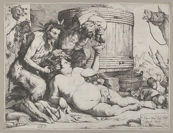 Drunken Silenus holding a cup aloft into which a Satyr pours w,  Poster Print Wall Art
