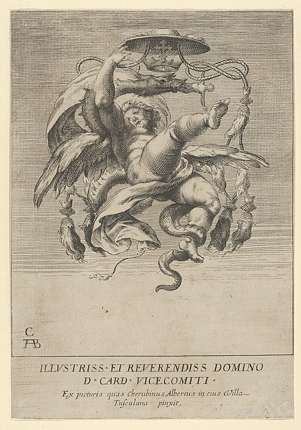 After Cherubino Alberti - Winged putto holding a cardinal's ha, Poster Print Wall Art
