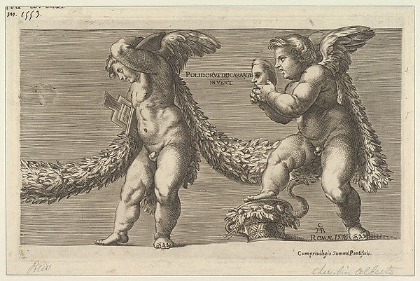 Two putti draped with a garland the one at right holding a mas,  Poster Print