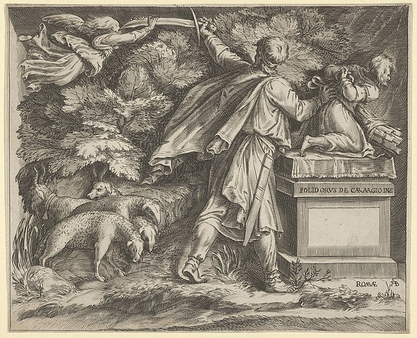 The Sacrifice of Isaac set in a landscape with a flock of shee,  Poster Print