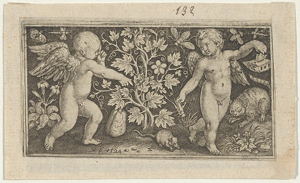 Nicolaes de Bruyn:Two Genii with a Cat and a Rat 1594-16x12"(A3) Poster