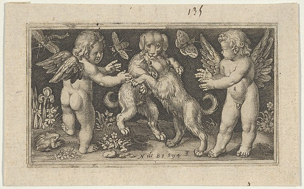 Nicolaes de Bruyn:Two Genii with Two Dogs Fighting 1594-16x12"(A3) Poster