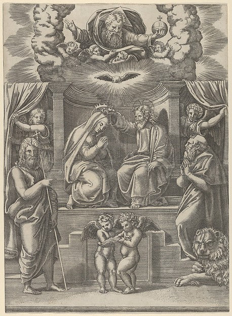 The coronation of the Virgin  God the Father above  St Jerome,  Poster Print