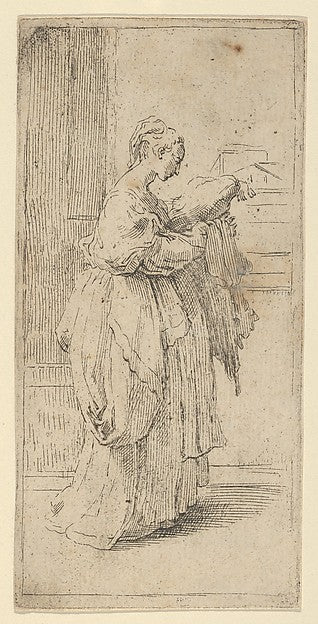 Girl carrying a cushion  seen in profile facing right c1590–16,  Poster Print